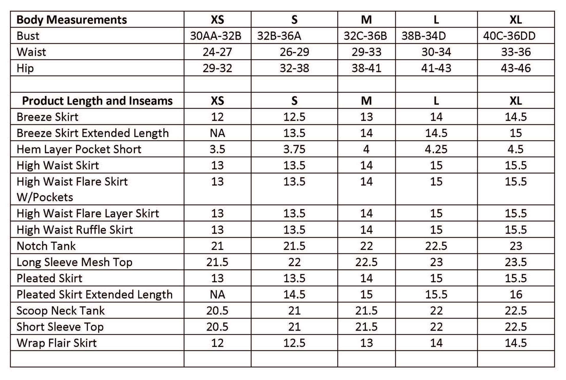 BPassionit Size Chart