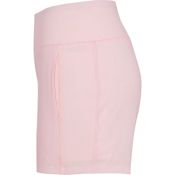 Pink workout shorts with a light stripe print and ball pockets.