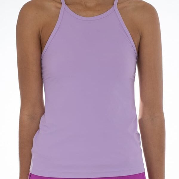 Purple athletic shirt with spaghetti traps.