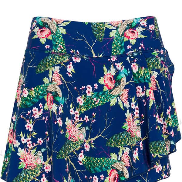 Navy blue longer length floral pickleball and tennis skirt with a side ruffle.